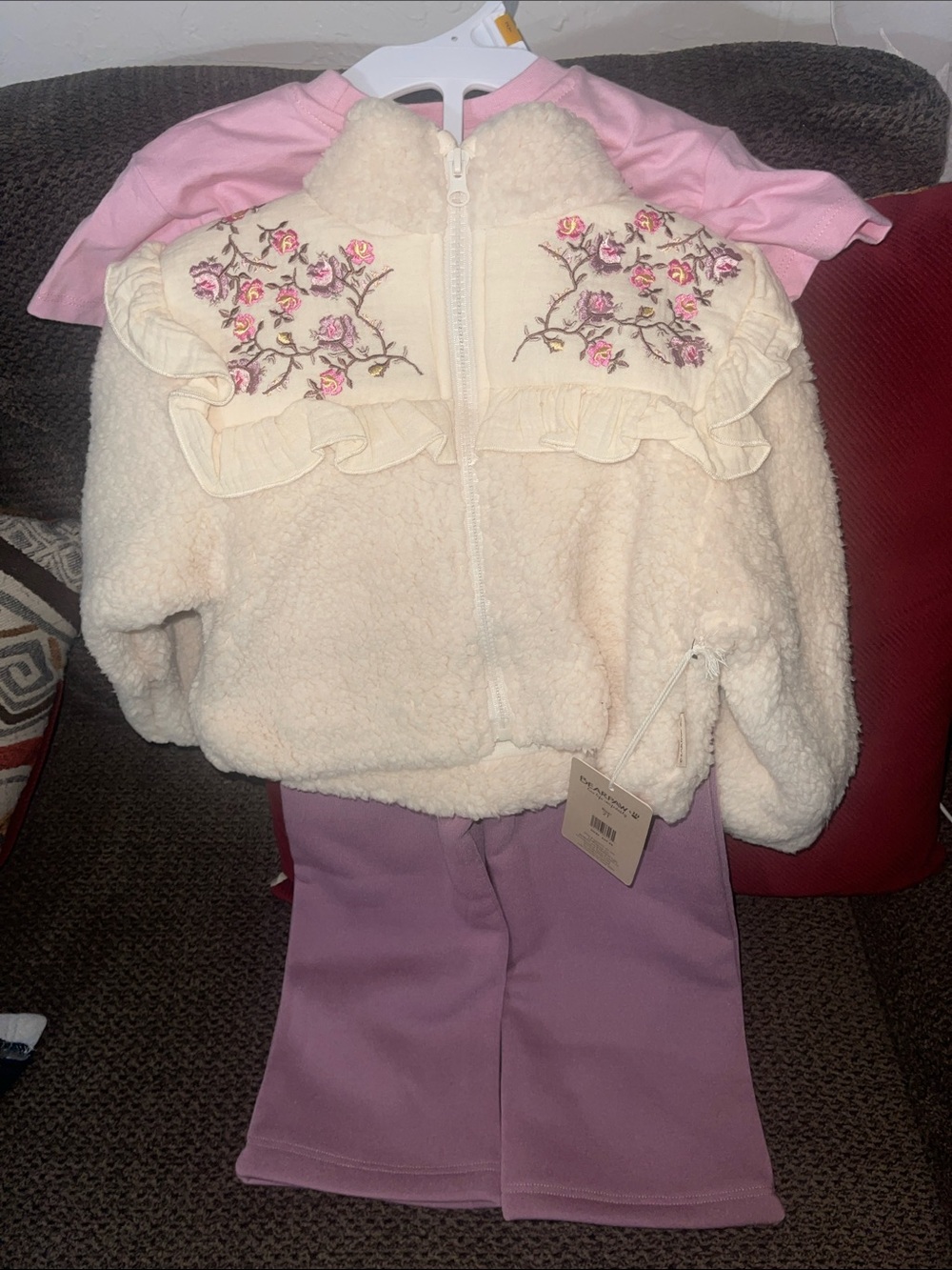 BearPaw Cream Sherpa Jacket with Pink Floral Embroidery & Lavender Pants